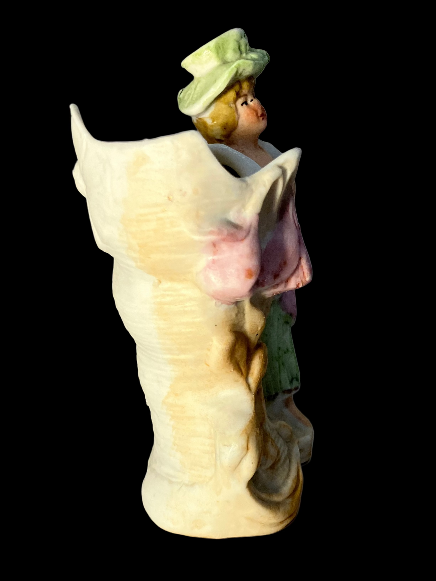 Antique Art Nouveau German bisque vase with a woman in a hat standing near a floral accent 