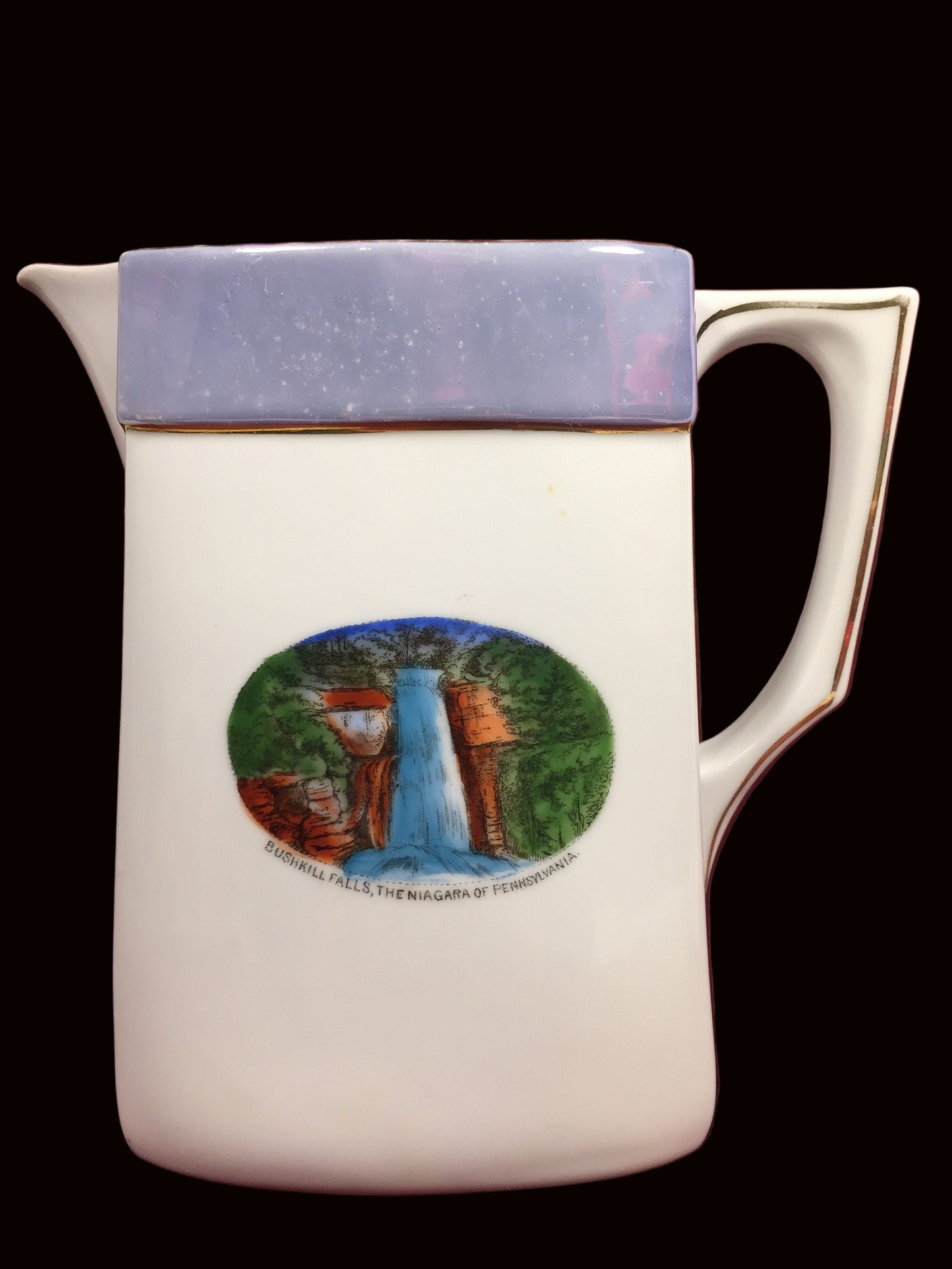 Antique Luster Souvenir Milk Pitcher from Bushkill Falls of Pennsylvania which was made in German.