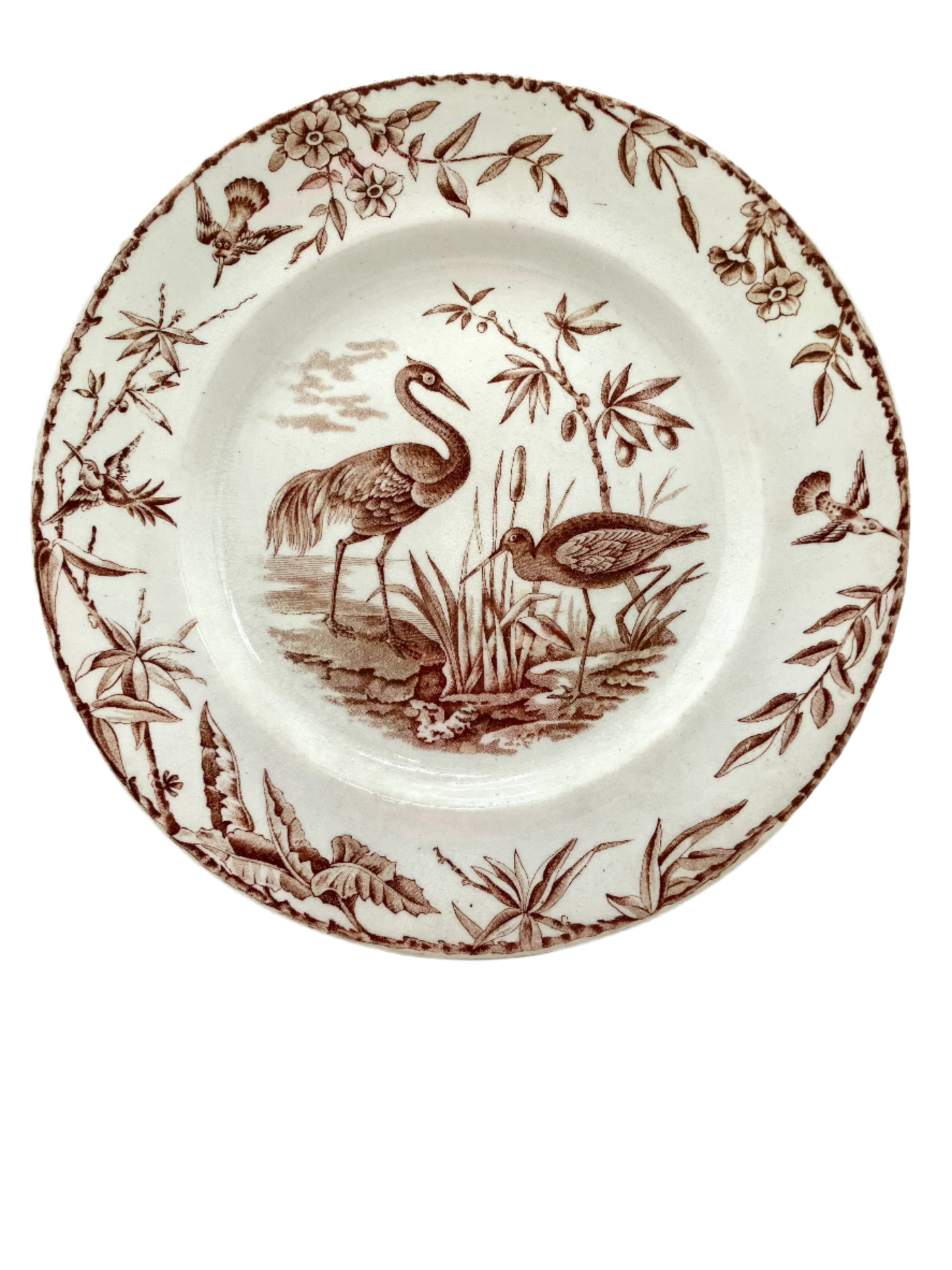 Antique Ridgeways Indus water bird dinner plate brown and white transferware
