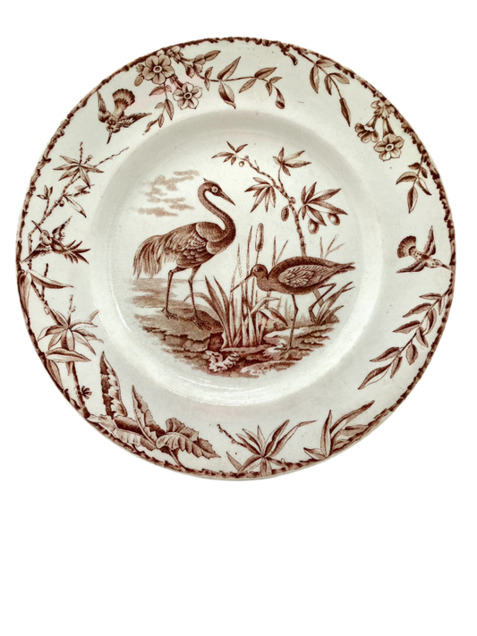 Antique Ridgeways Indus water bird dinner plate brown and white transferware