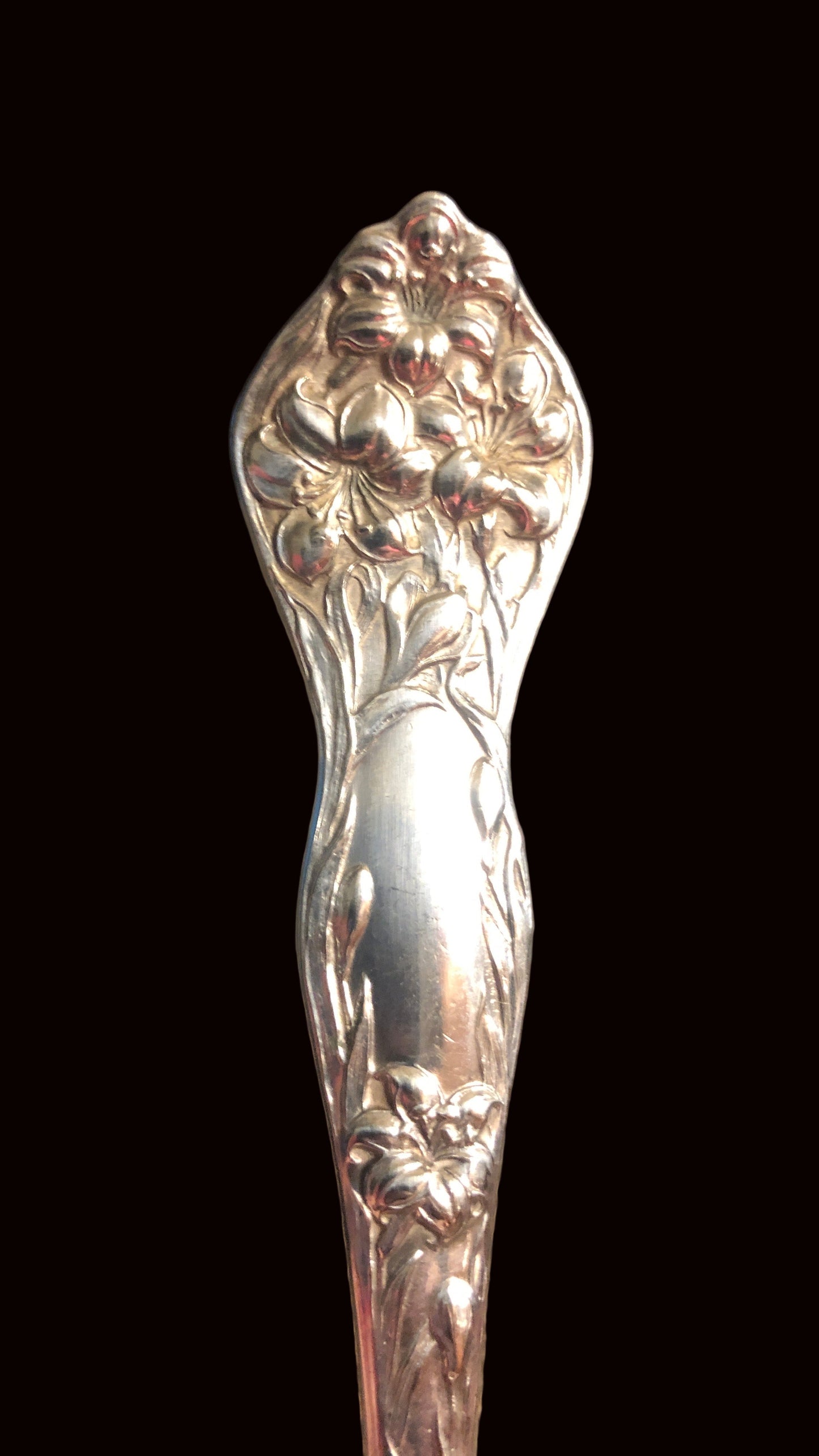 Antique Stratford Silver Co. Lilyta Fork  with an Art Nouveau floral design with lilies and leaves 