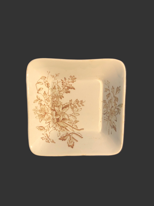 Antique ironstone dish with brown transferware floral design