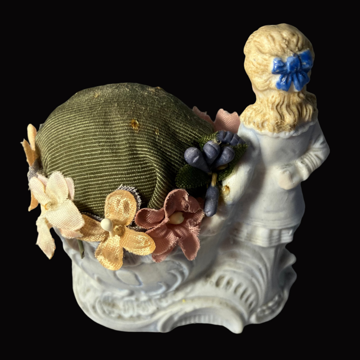 Antique porcelain German style figurine/ pincushion with child in blue clothes