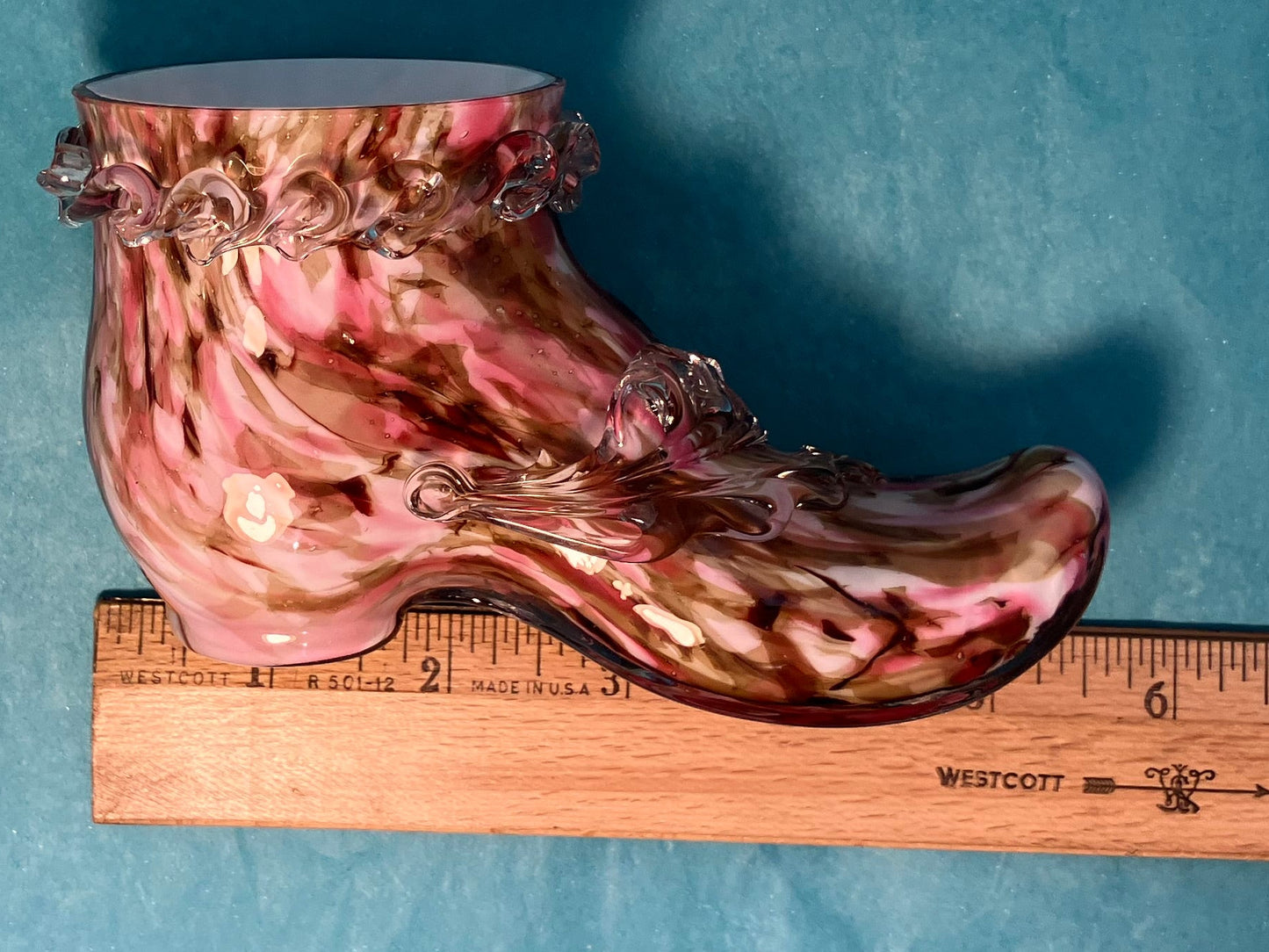 Antique Bohemian Glass Shoe Vase – Pink & Brown Splatter Glass