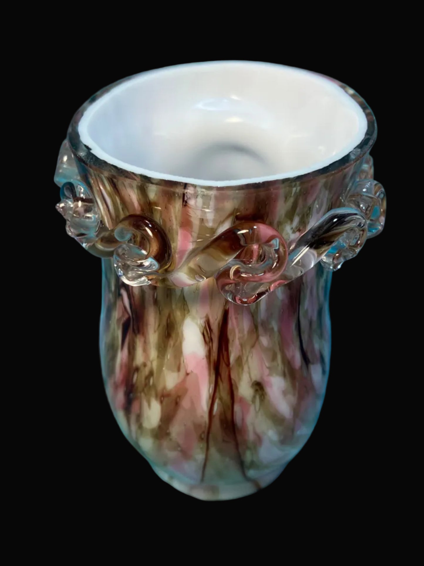 Antique Bohemian Glass Shoe Vase – Pink & Brown Splatter Glass