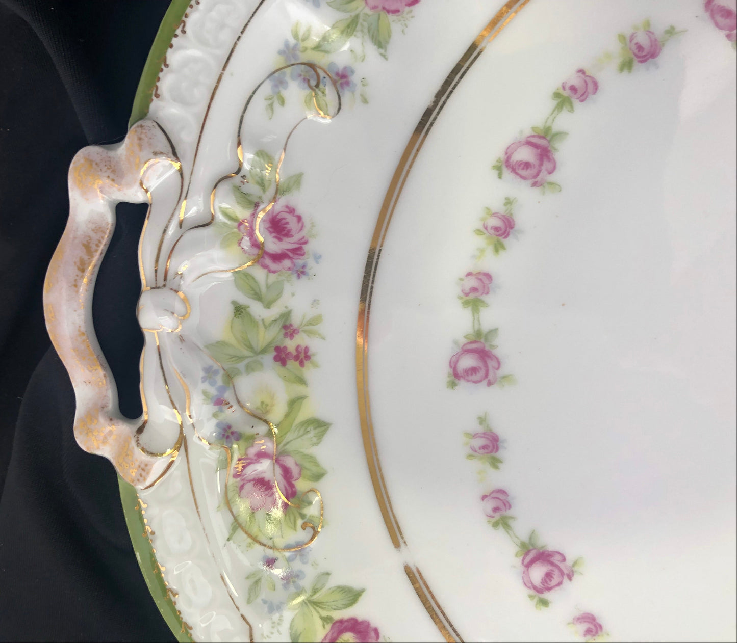 Antique Rosenthal RC Carmen Bavaria Cake Plate, Green & Roses Porcelain Serving Plate