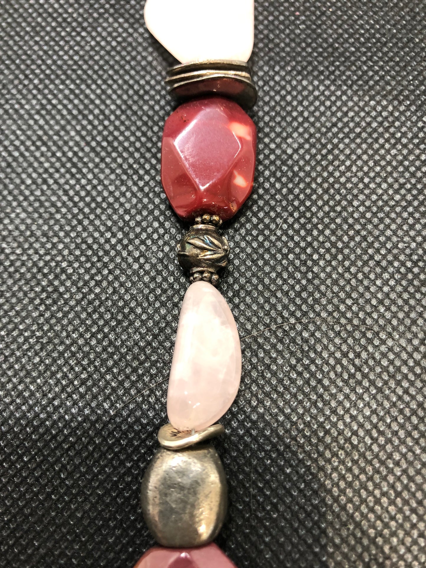 Beaded Bracelet with Rose Quartz Stones and Metal Accents Close Up