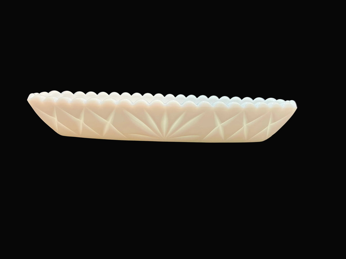 Hazel-Atlas milk glass, this vintage rectangular celery dish features the distinctive Pineapple cut pattern
