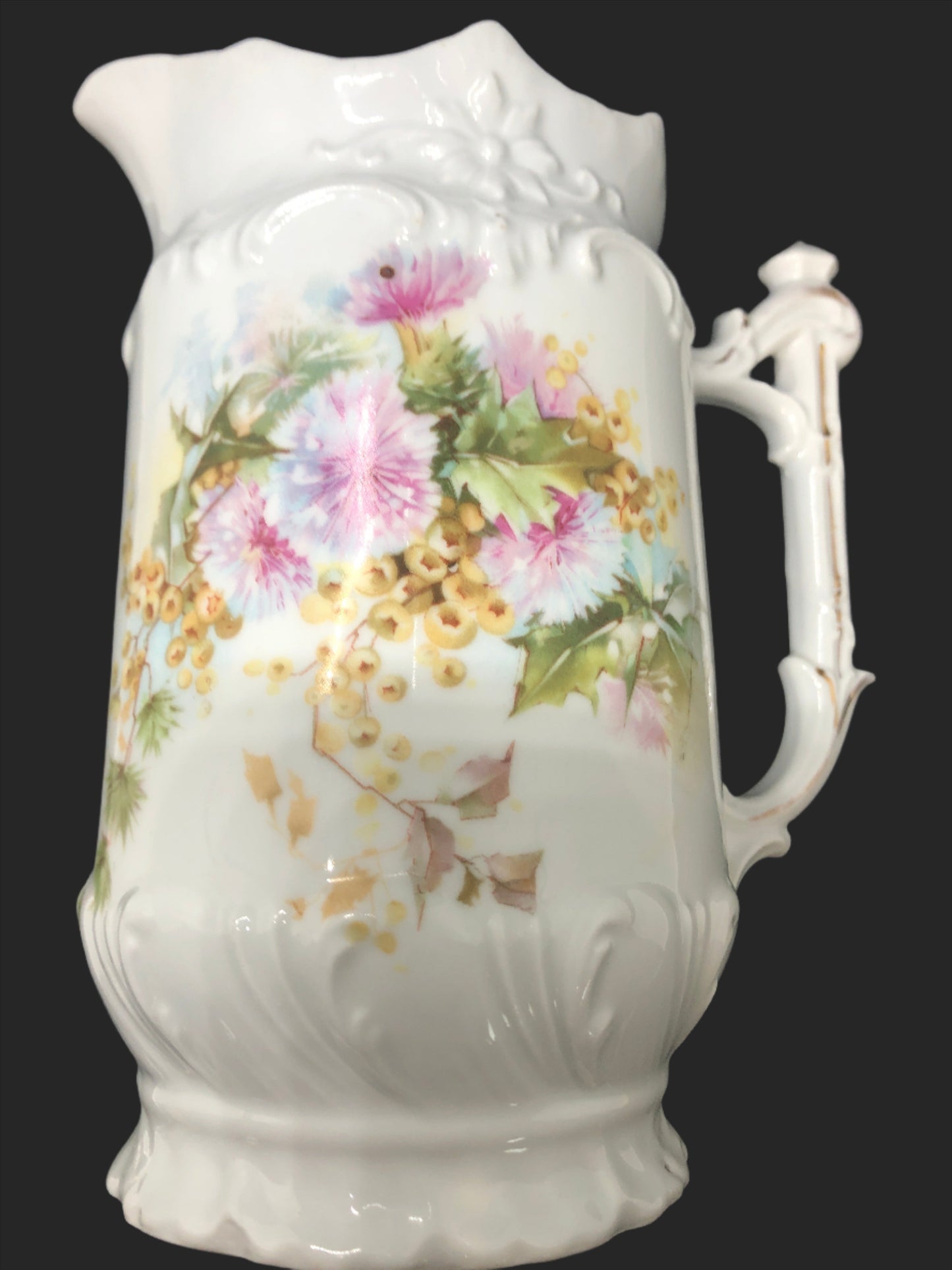Cottage Core Vintage pitcher made of porcelain with handle and flowers 