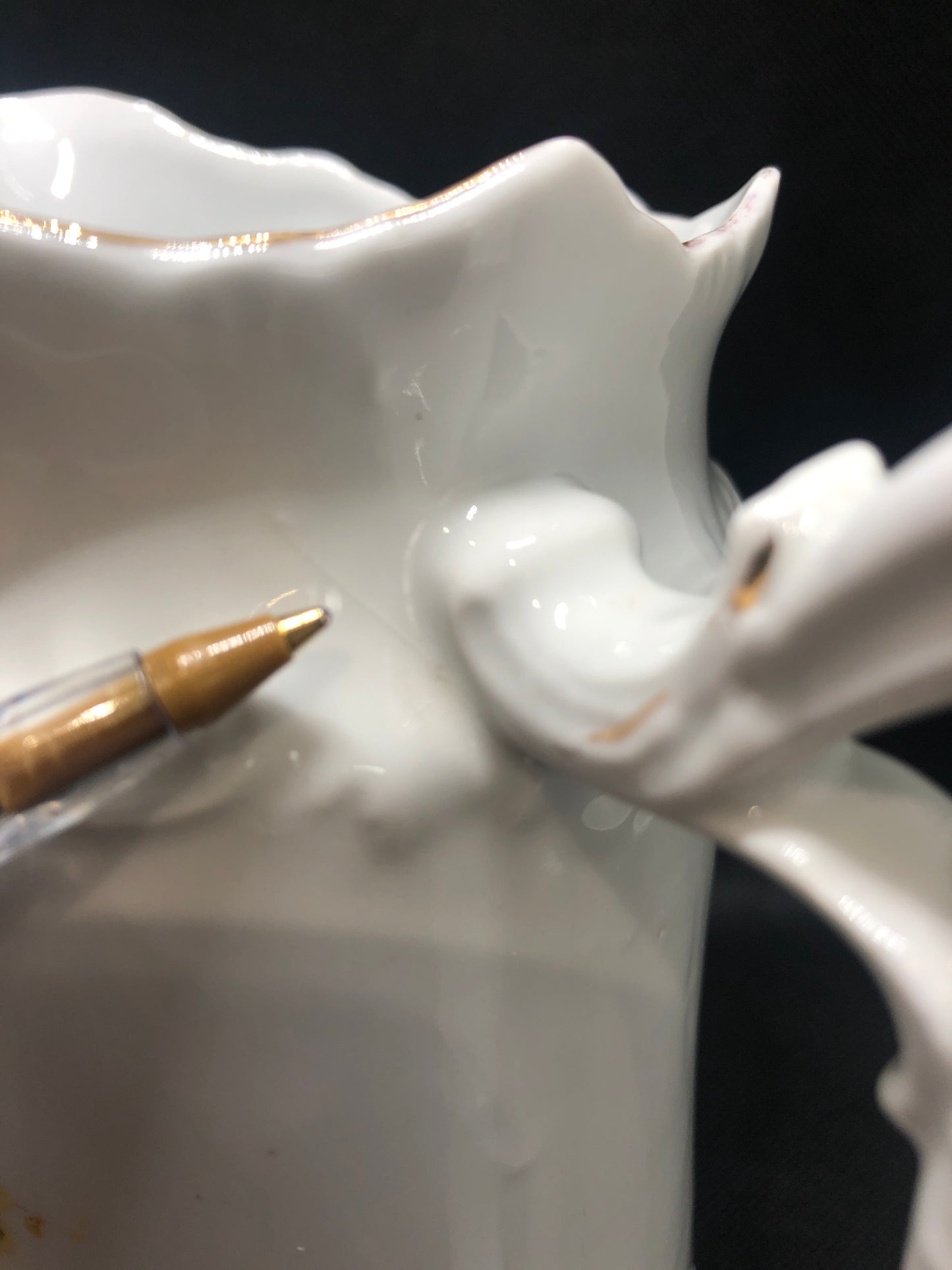 Cottage Core vintage porcelain pitcher handle, rim, interior close up