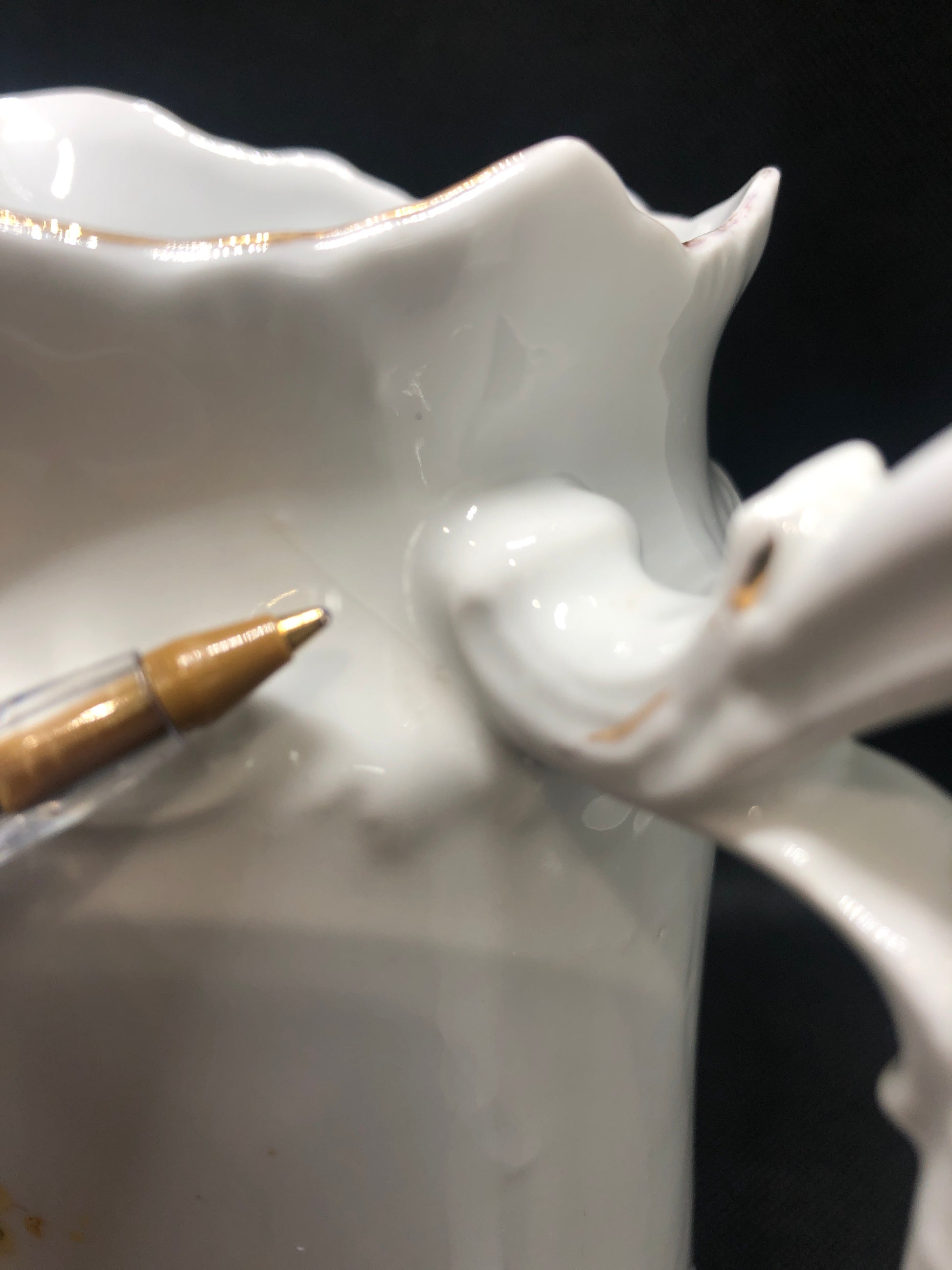 Cottage Core vintage porcelain pitcher handle, rim, interior close up