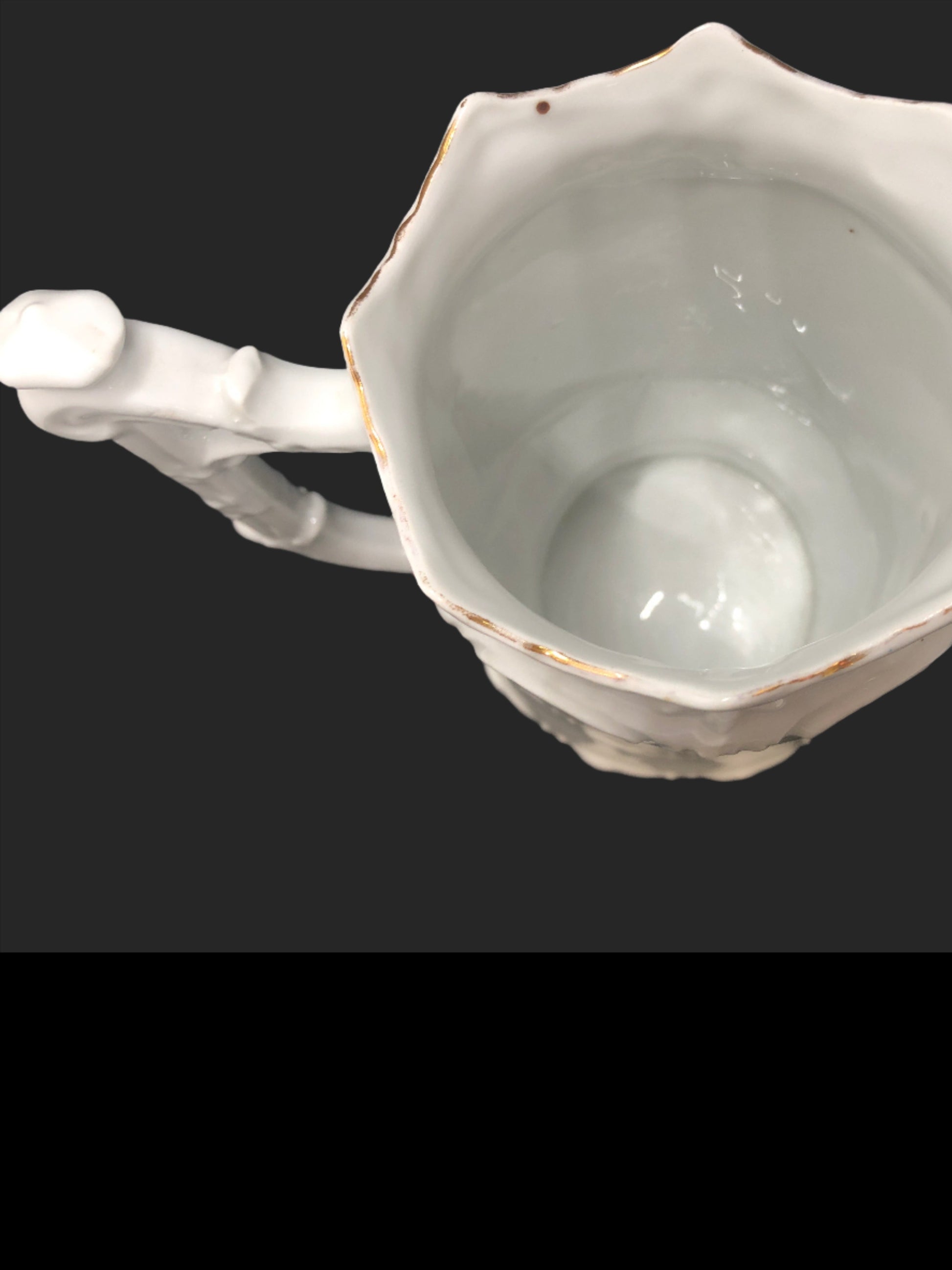Cottage Core vintage porcelain pitcher handle and rim view