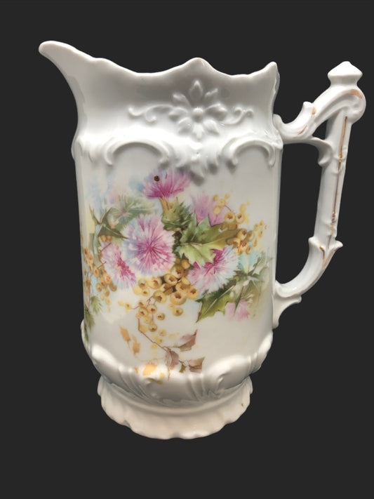 Cottage Core vintage porcelain pitcher with pink yellow and green flowers 