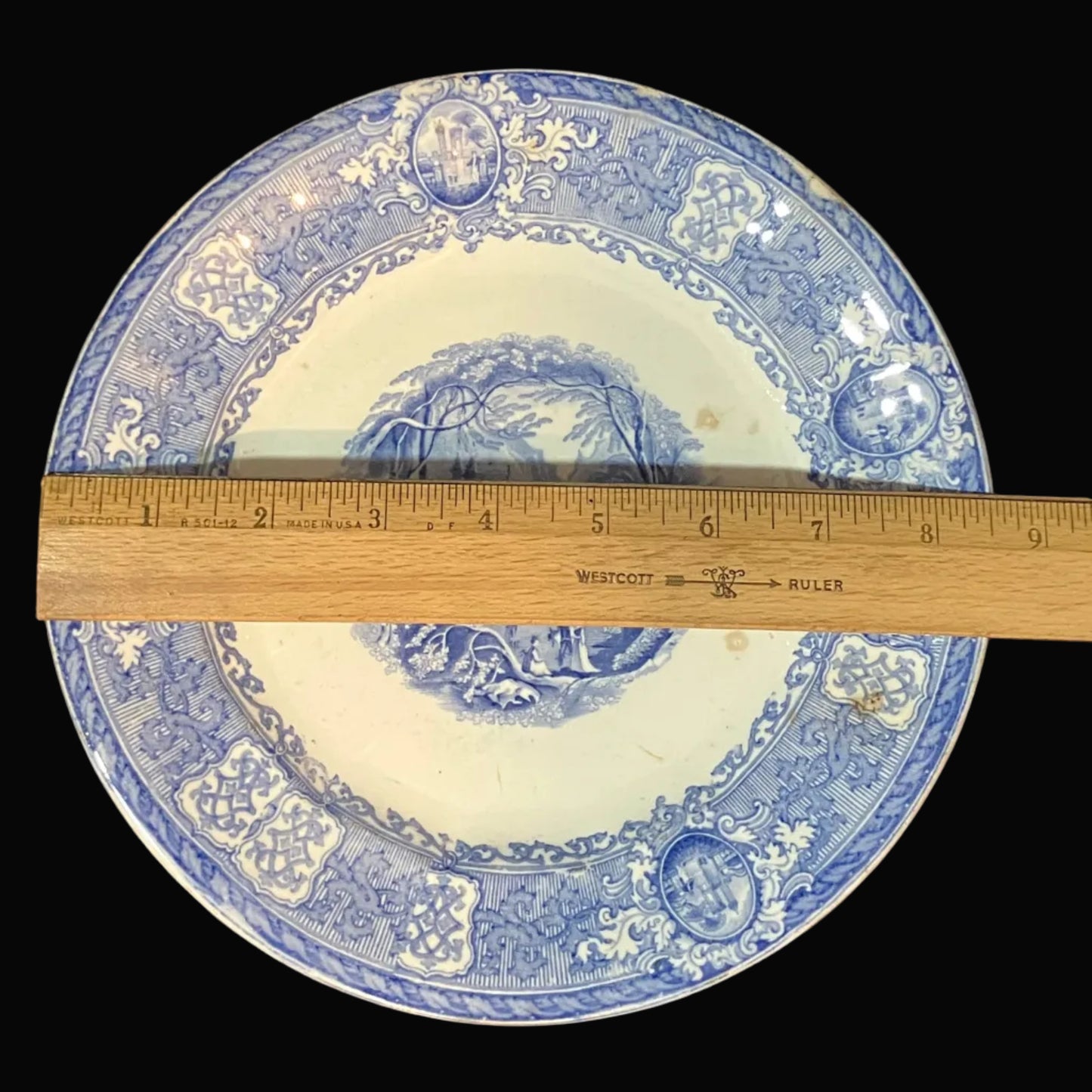 Antique E. Challinor Panama Dinner Plate – 1850s Ironstone – Blue & White Transferware