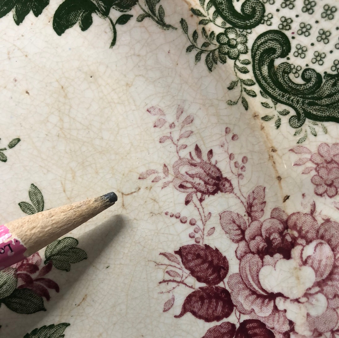 Antique Plate with Pink and Green Transferware