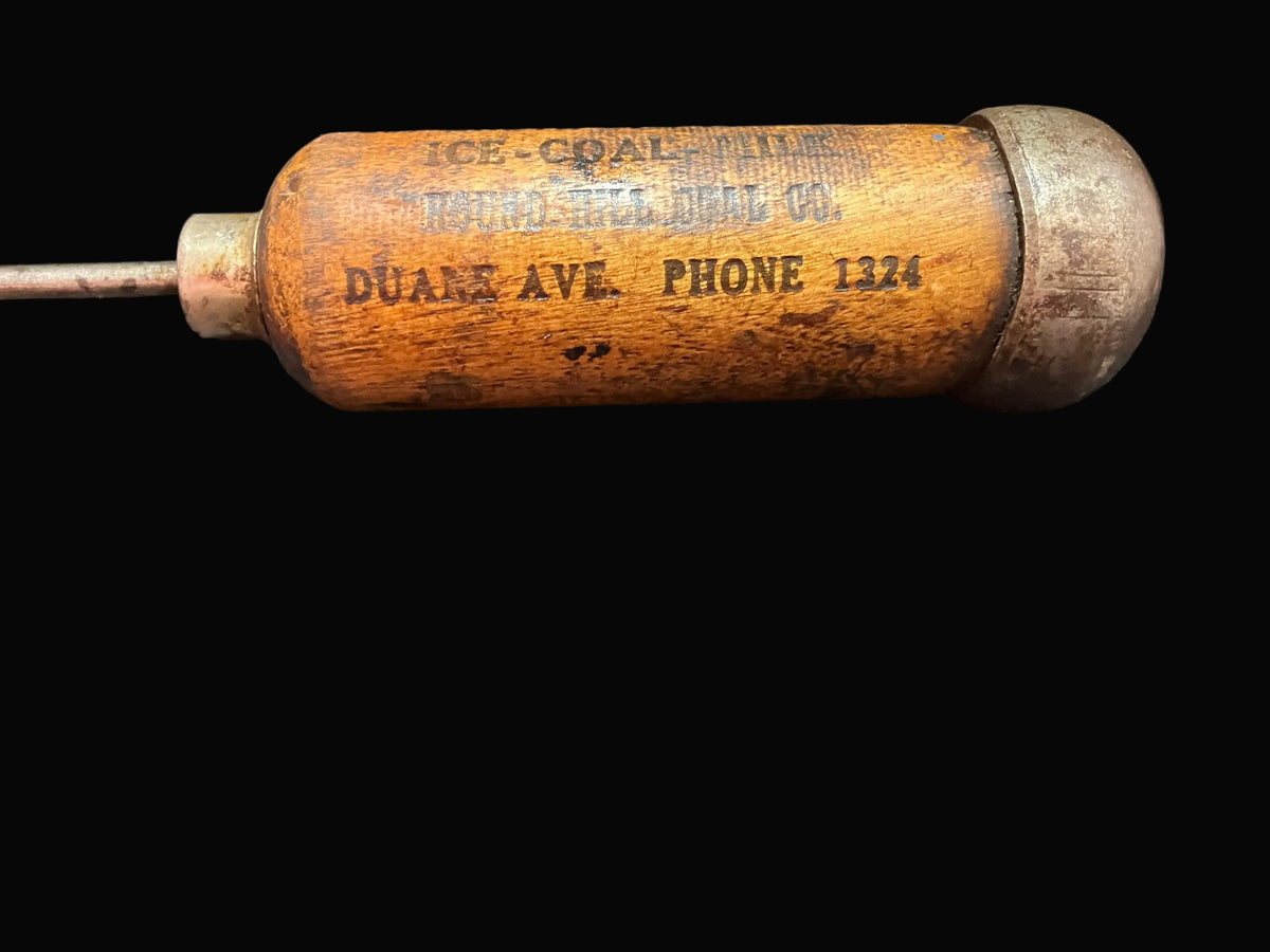 Vintage Advertising Ice Pick Round Hill Coal Co Magic City Ice Milk Co Endicott NY Primitive Wooden Handle Antique Americana Tool