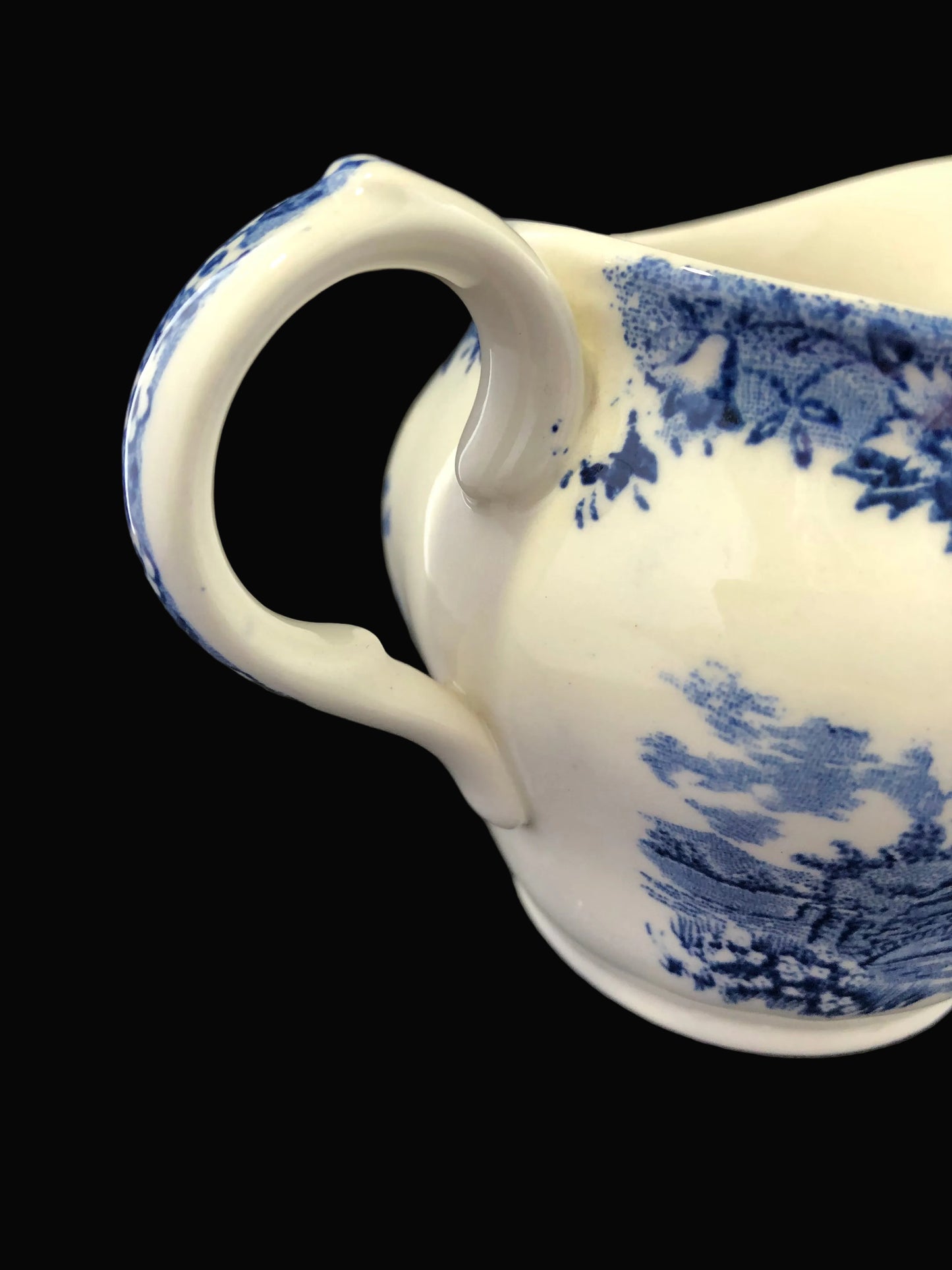 Vintage Staffordshire Blue & White Creamer – English Village Transferware Pitcher