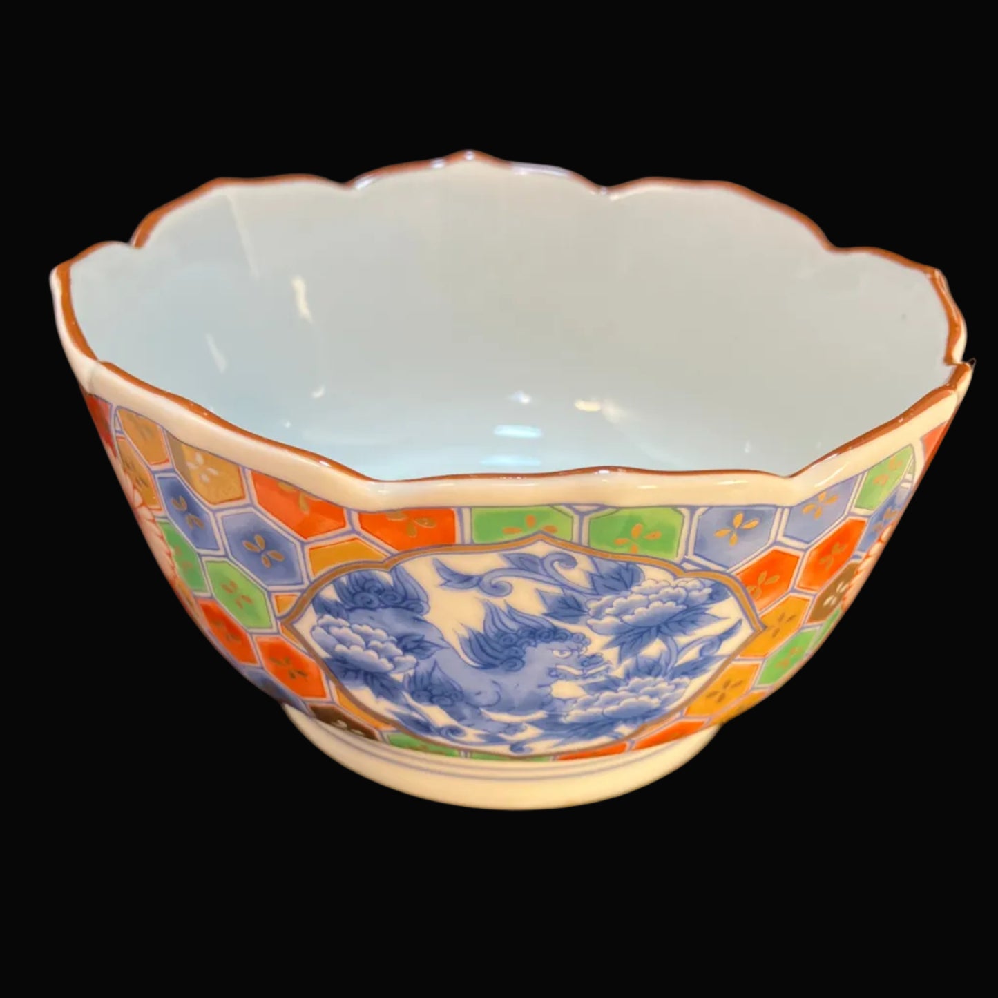 Vintage Imari Style Bowl, Japanese Porcelain Rice Bowl, Shishi Lion Dog Floral Design, Mid Century Japan, Kozan Gama Scalloped Bowl