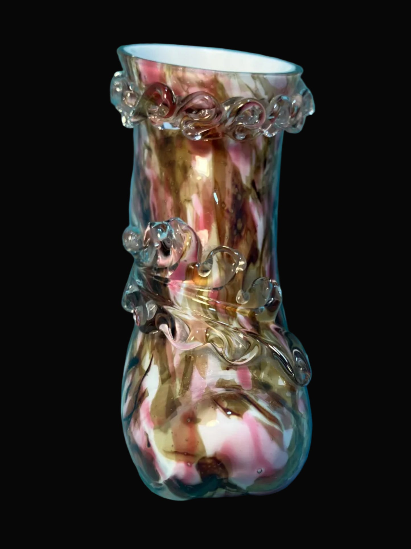 Antique Bohemian glass shoe in pink, brown, and white splatter glass