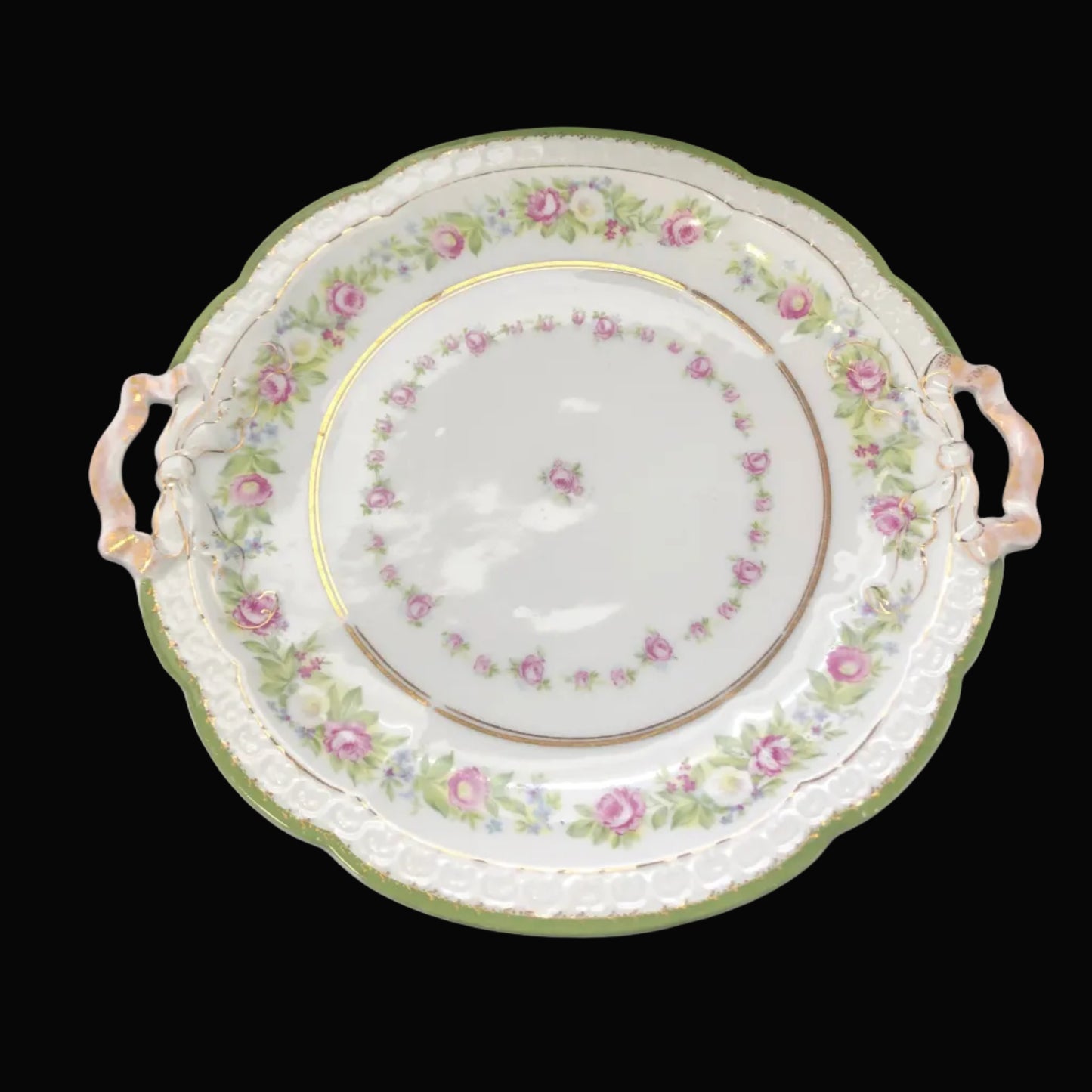 Antique Rosenthal RC Carmen Bavaria Cake Plate, Green & Roses Porcelain Serving Plate