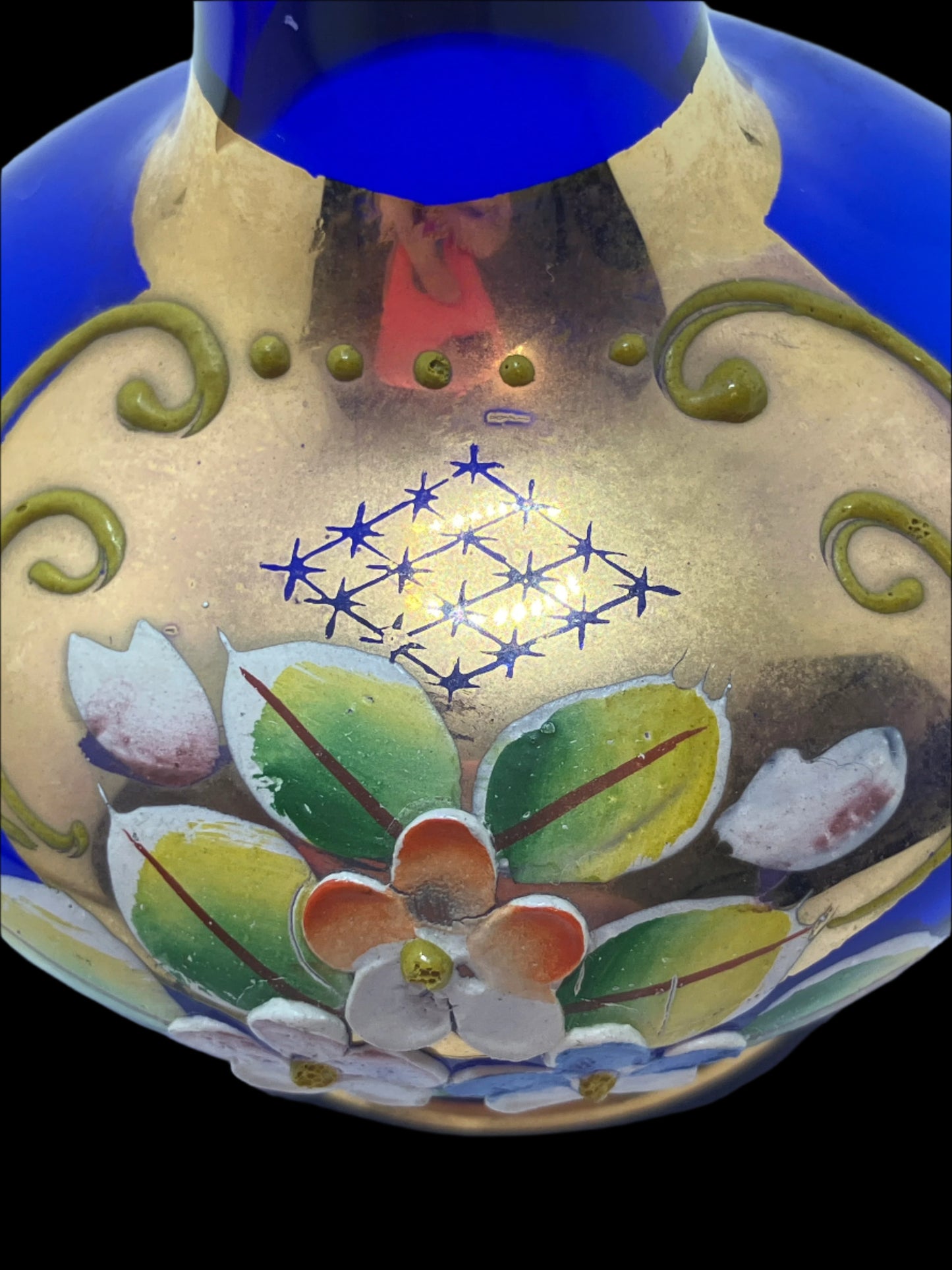 Vintage Bohemian Cobalt Blue Glass Bud Vase with Flowers