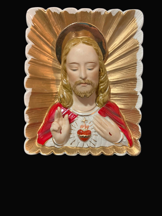 Vintage Sacred Heart of Jesus Wall Plaque – Catholic Religious Art – 1950s-60s Japan Ceramic