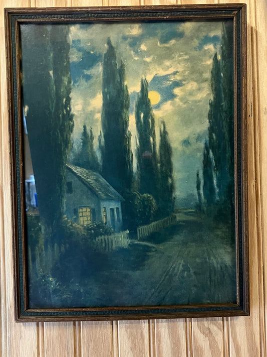 Framed painting of a house with trees 