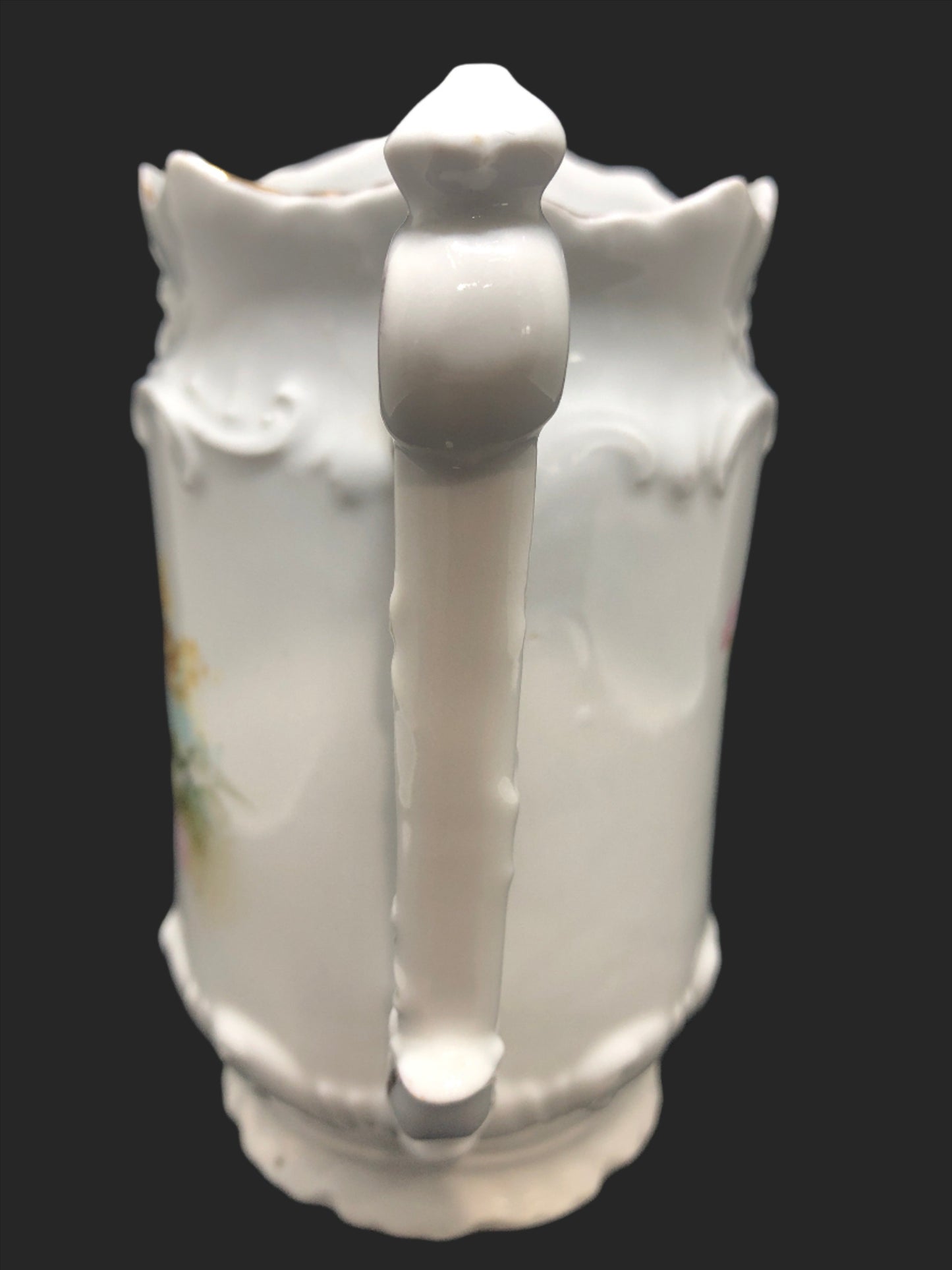 Cottage Core vintage porcelain pitcher handle angle