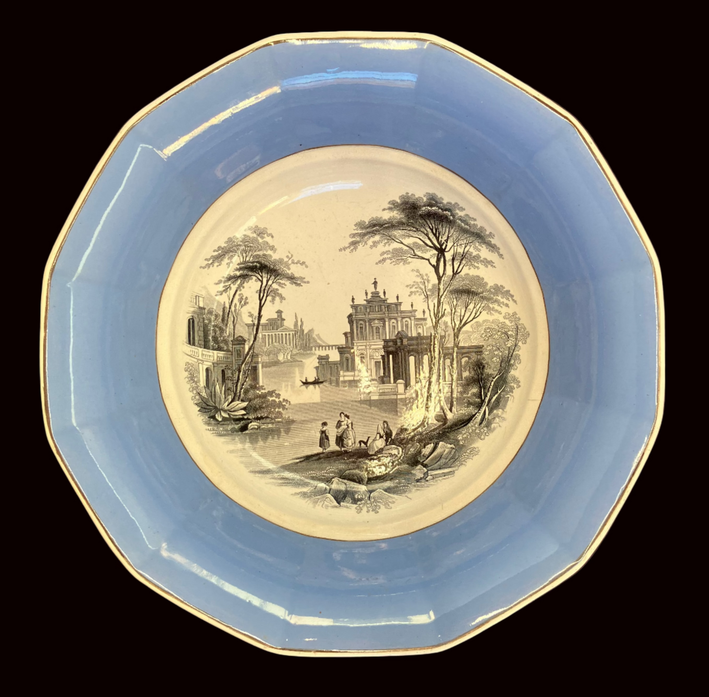 Historic English Ironstone bowl with Greco Roman Landscape design