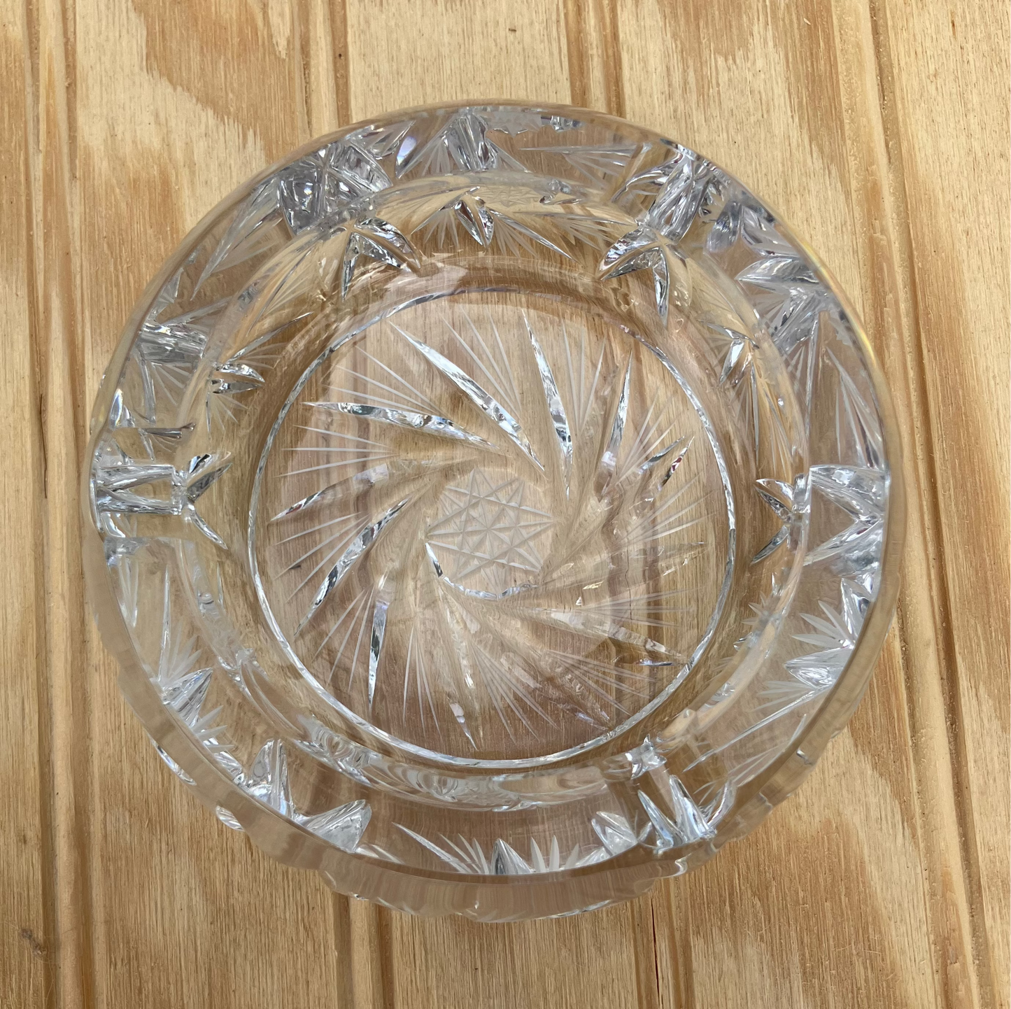 Vintage Crystal Ashtray or Trinket Dish – Pinwheel Starburst Pattern, Heavy Cut Glass