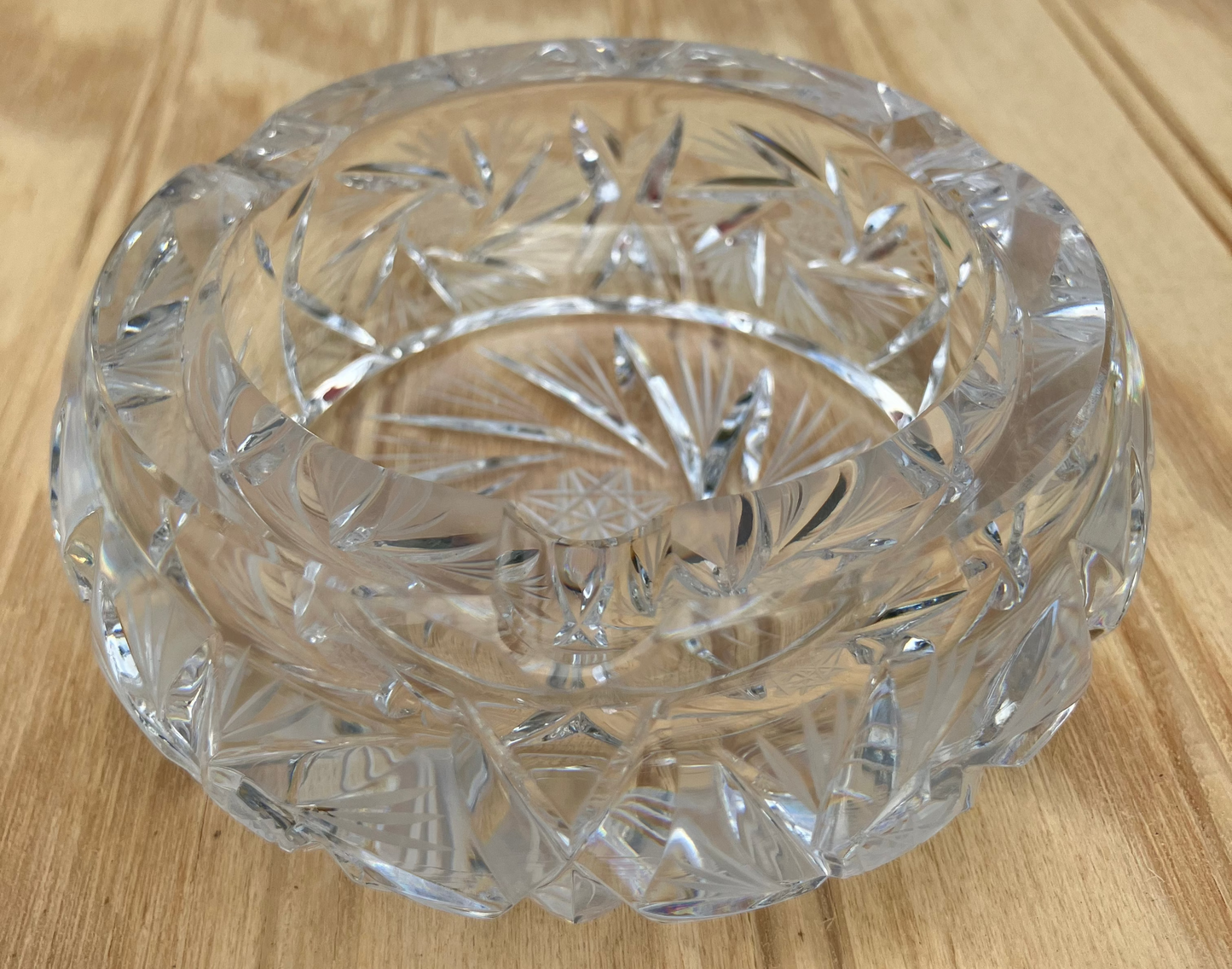Vintage Crystal Ashtray or Trinket Dish – Pinwheel Starburst Pattern, Heavy Cut Glass