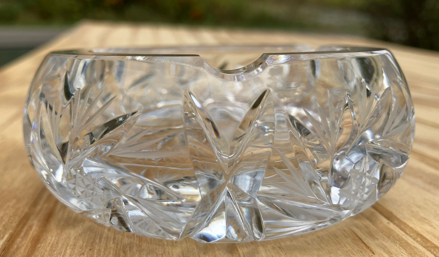 Vintage Crystal Ashtray or Trinket Dish – Pinwheel Starburst Pattern, Heavy Cut Glass