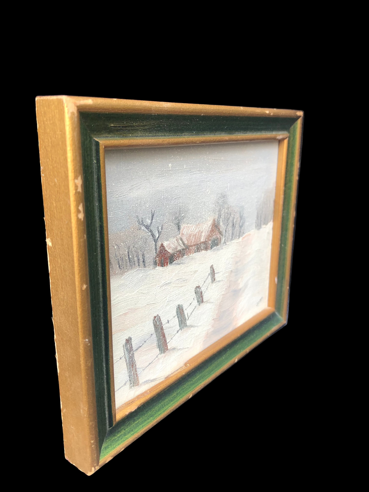 Vintage Miniature Original Painting – Winter Barn Landscape