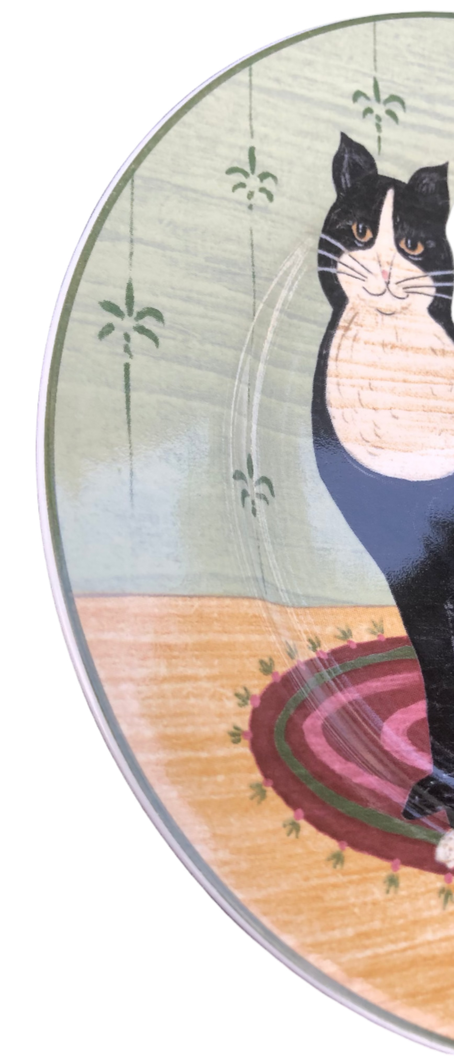 Warren Kimble Sakura Stoneware Cat Plate – Tuxedo Cat – Primitive Folk Art – 8 inch