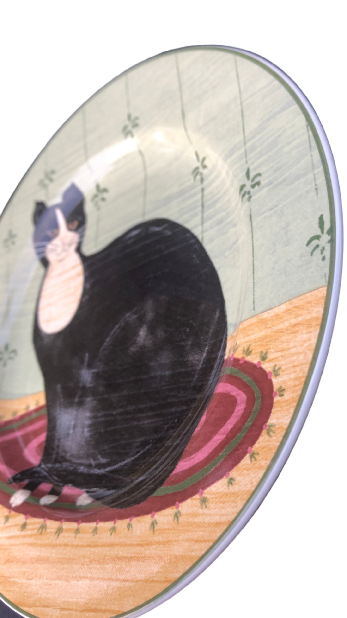 Warren Kimble Sakura Stoneware Cat Plate – Tuxedo Cat – Primitive Folk Art – 8 inch