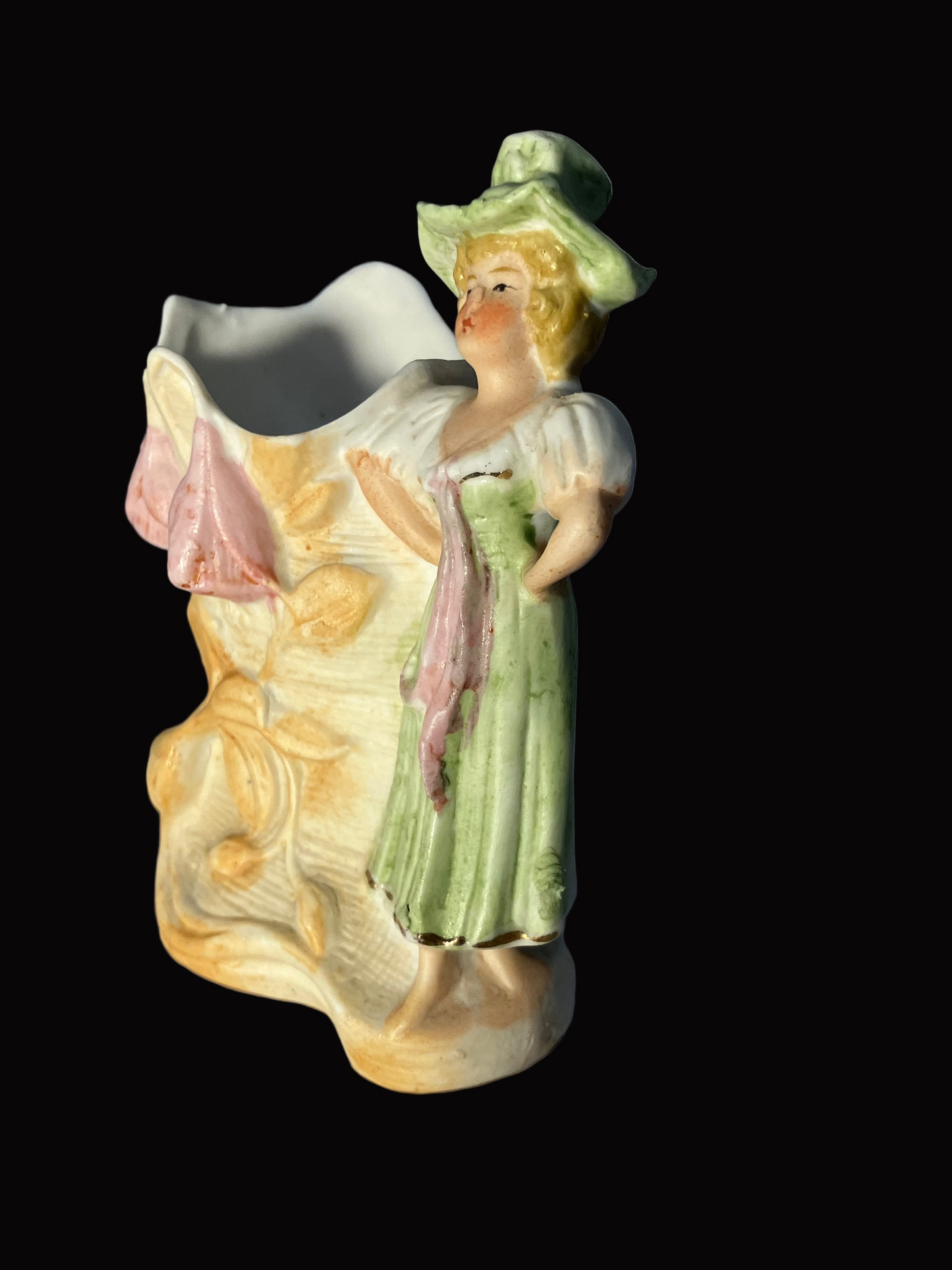 Antique Bisque Art Nouveau Vase with Woman and Flower