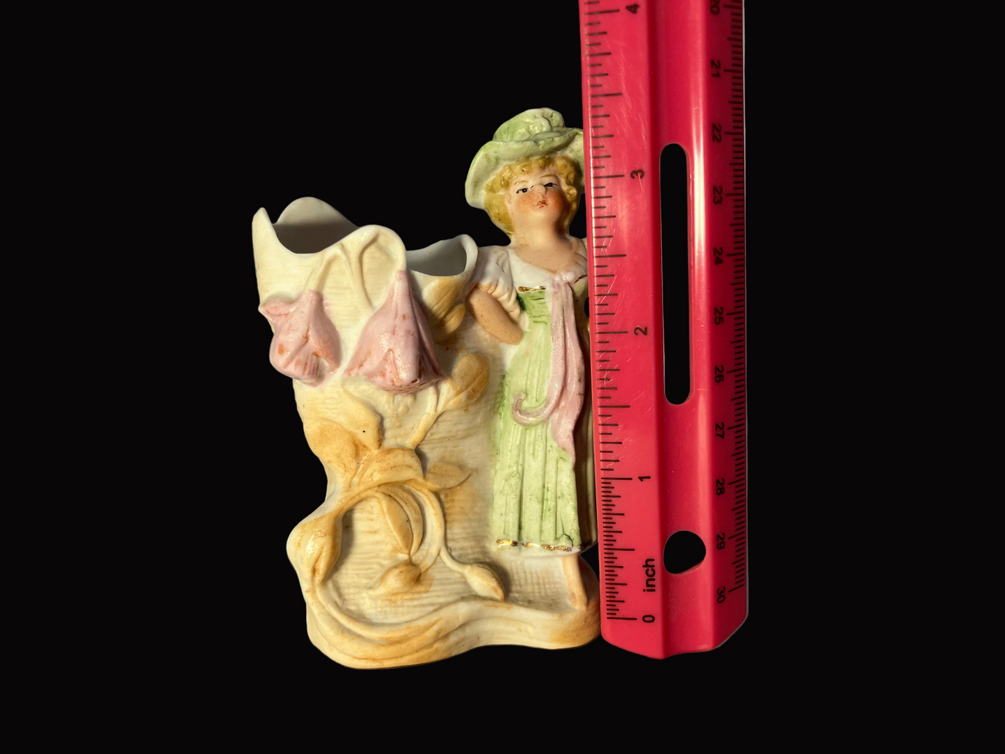 Antique Bisque Art Nouveau Vase with Woman and Flower