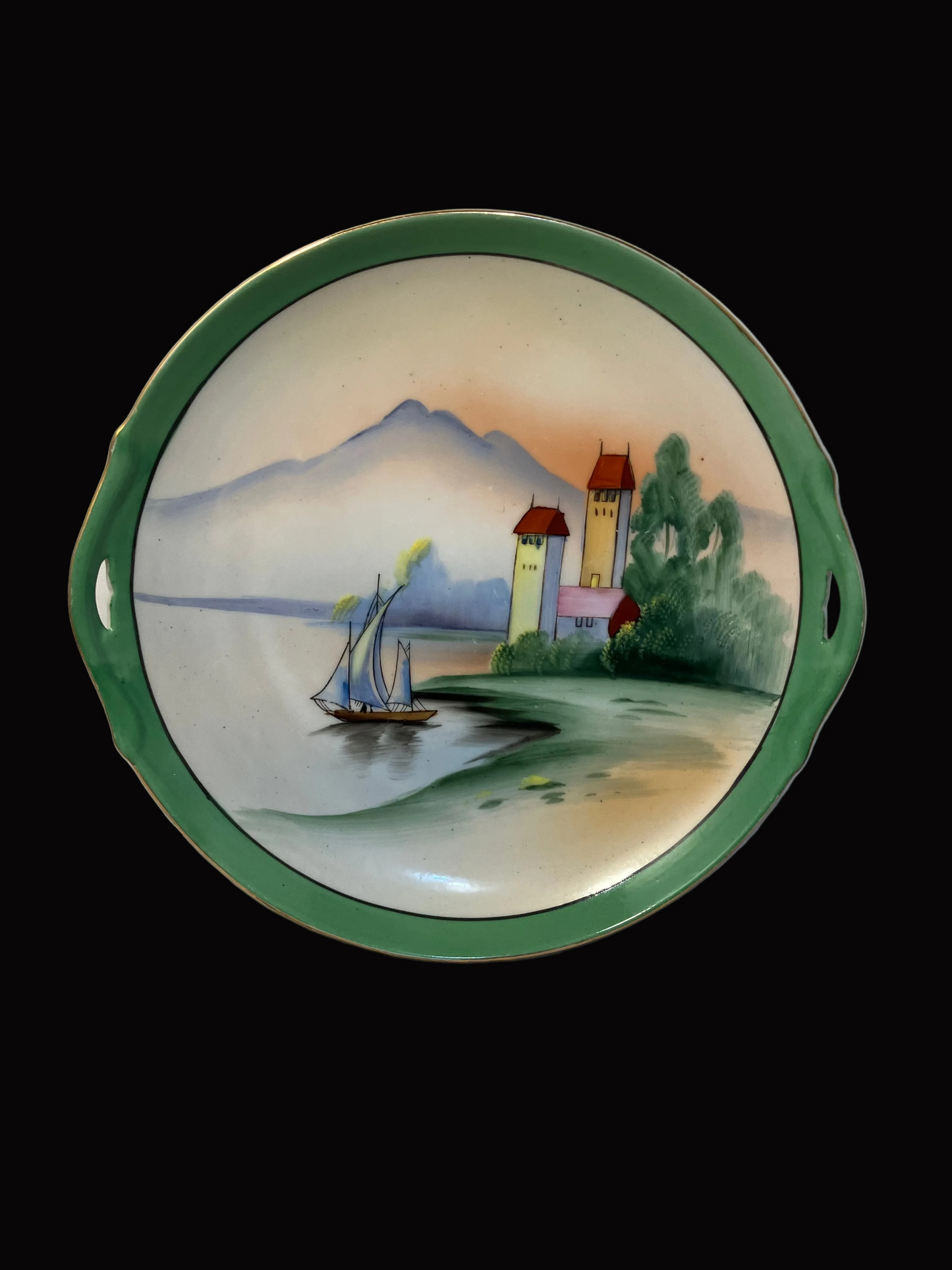 Antique Chikaramachi Hand-Painted Landscape Cake Plate