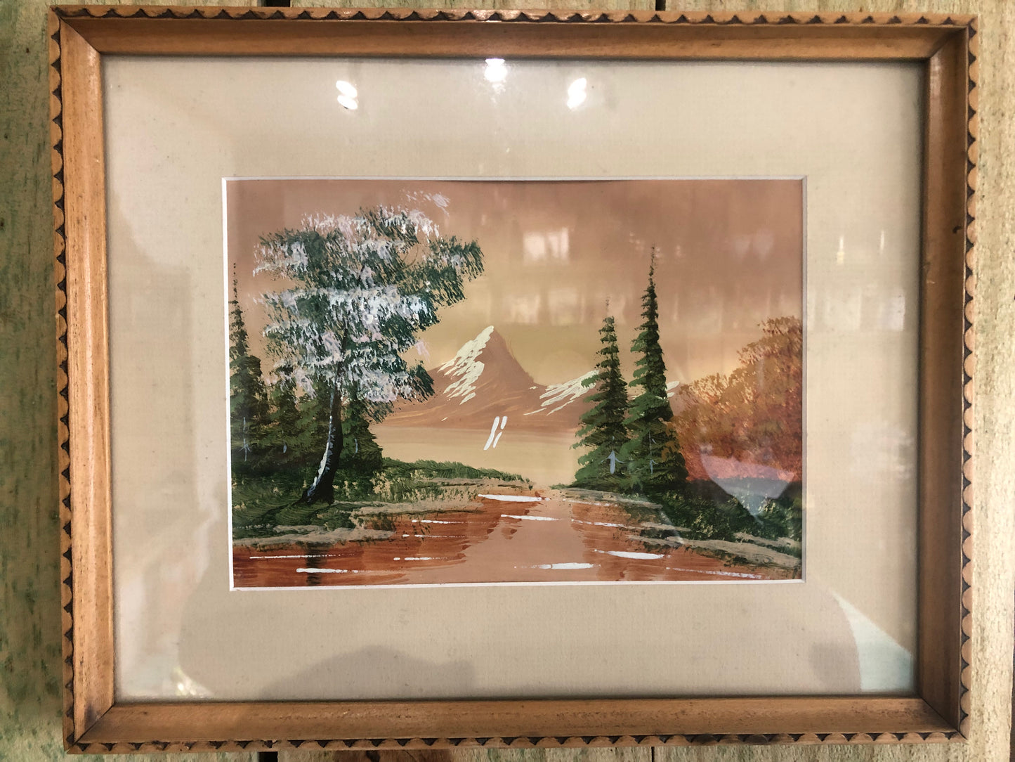 Vintage Framed Fall Landscape Painting Signed by Aronigie with Snowcapped Mountains