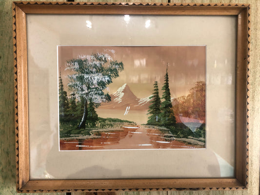 Fall Landscape Painting Signed by Aronigie with snowcapped mountains