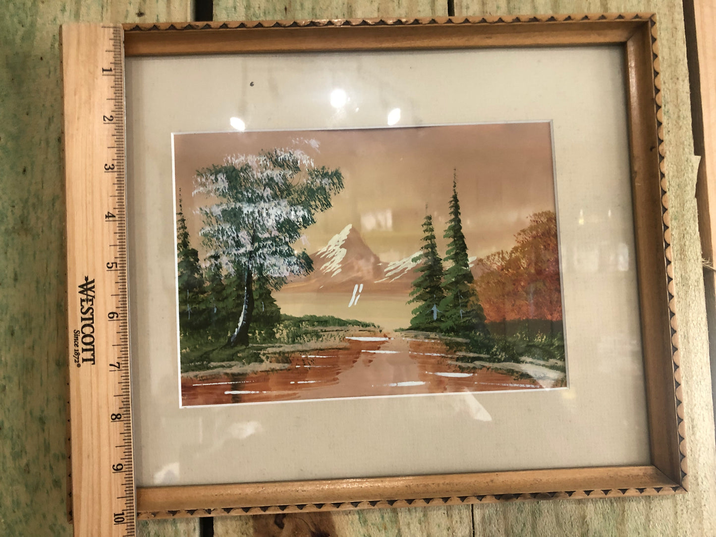 Vintage Framed Fall Landscape Painting Signed by Aronigie with Snowcapped Mountains