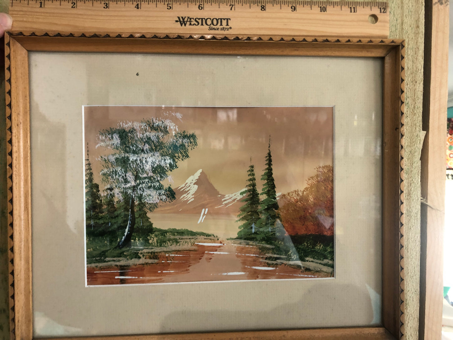Vintage Framed Fall Landscape Painting Signed by Aronigie with Snowcapped Mountains