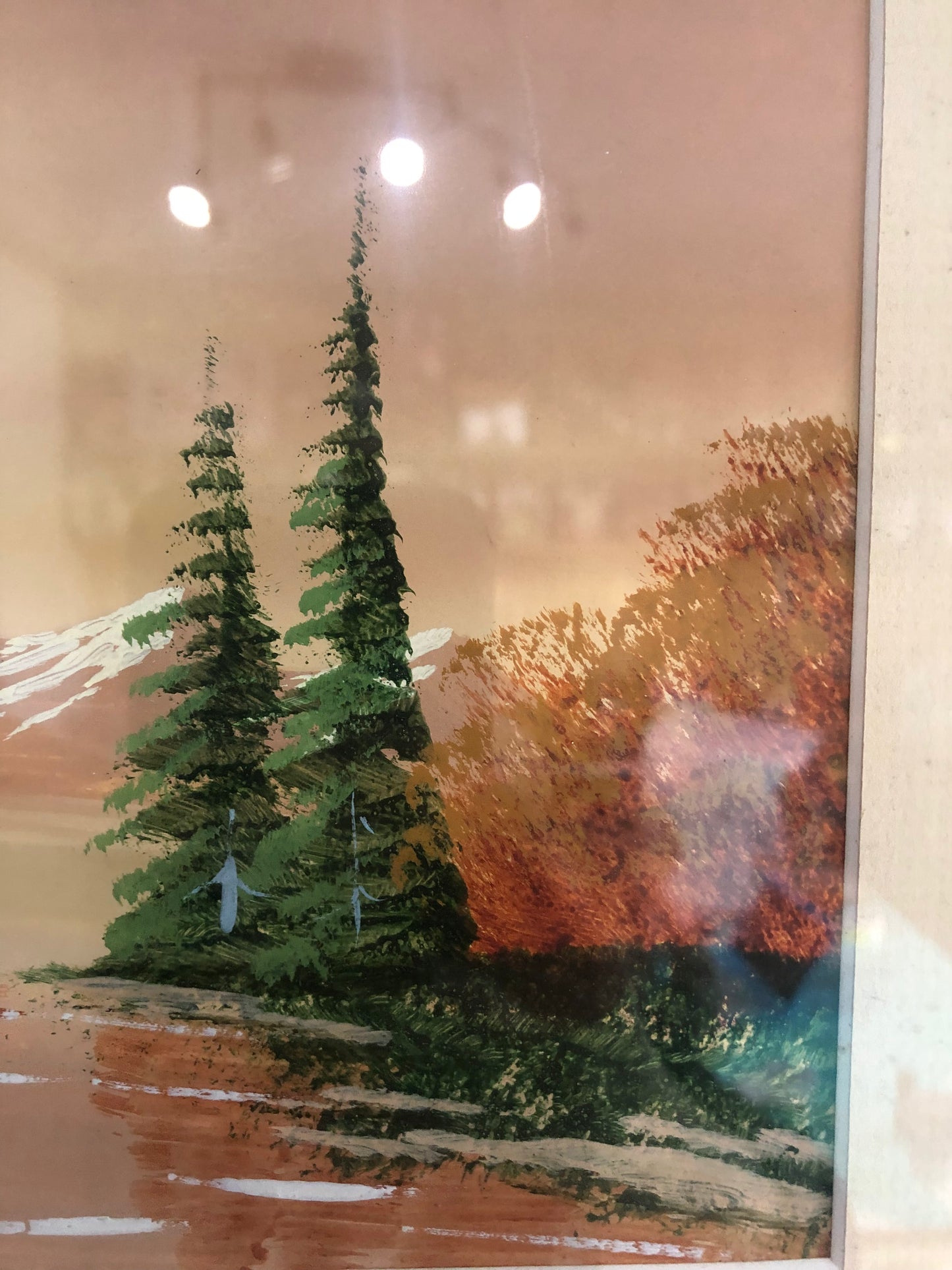 Vintage Framed Fall Landscape Painting Signed by Aronigie with Snowcapped Mountains