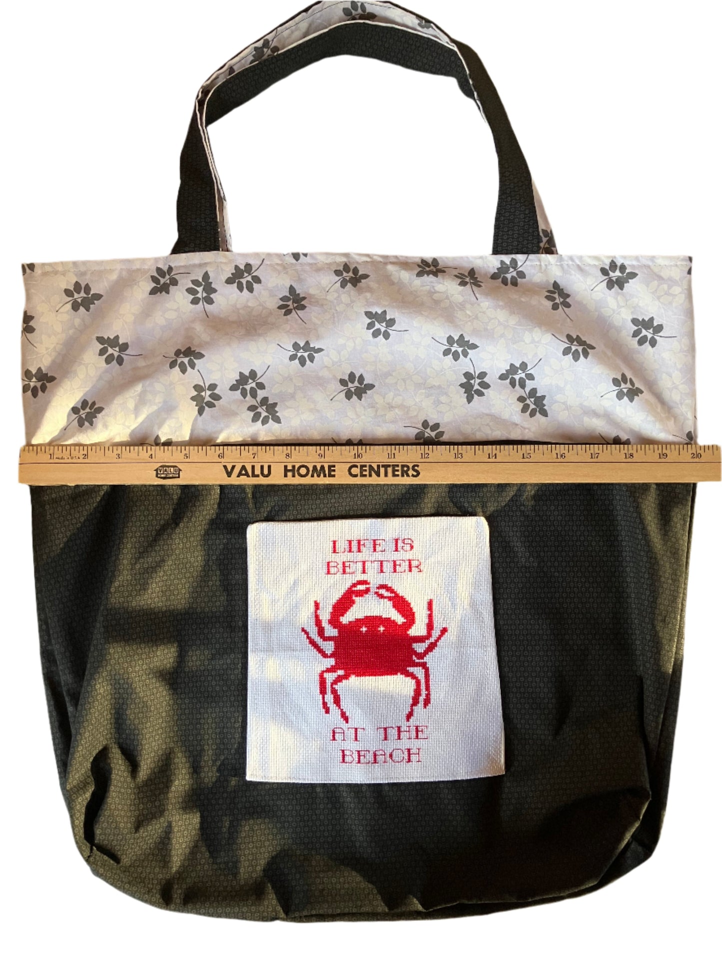 Tote Bag - Locally Made - Black and White, Beach Theme with Crab Design Pocket