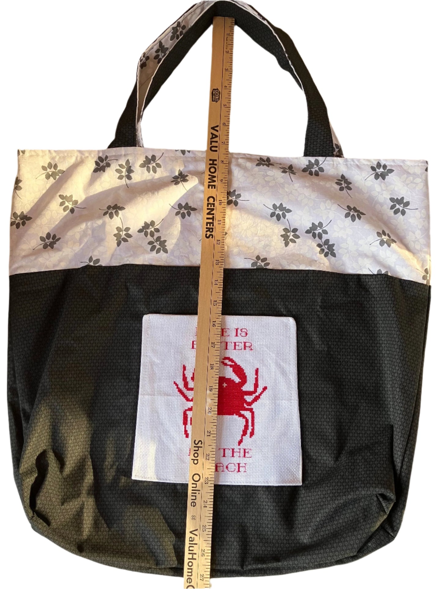 Tote Bag - Locally Made - Black and White, Beach Theme with Crab Design Pocket
