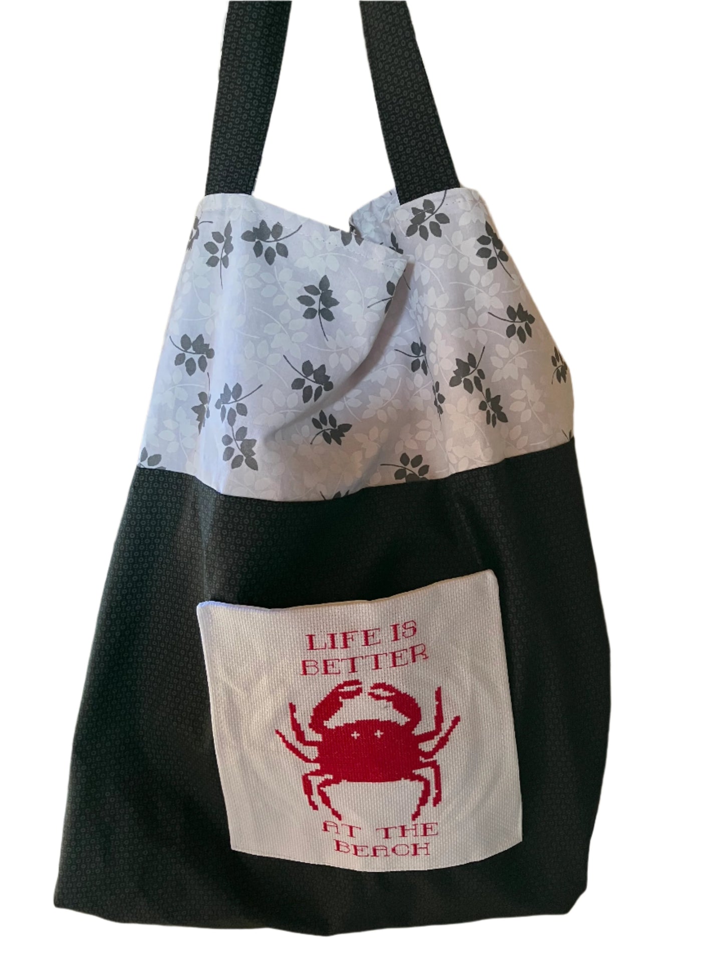 Tote Bag - Locally Made - Black and White, Beach Theme with Crab Design Pocket