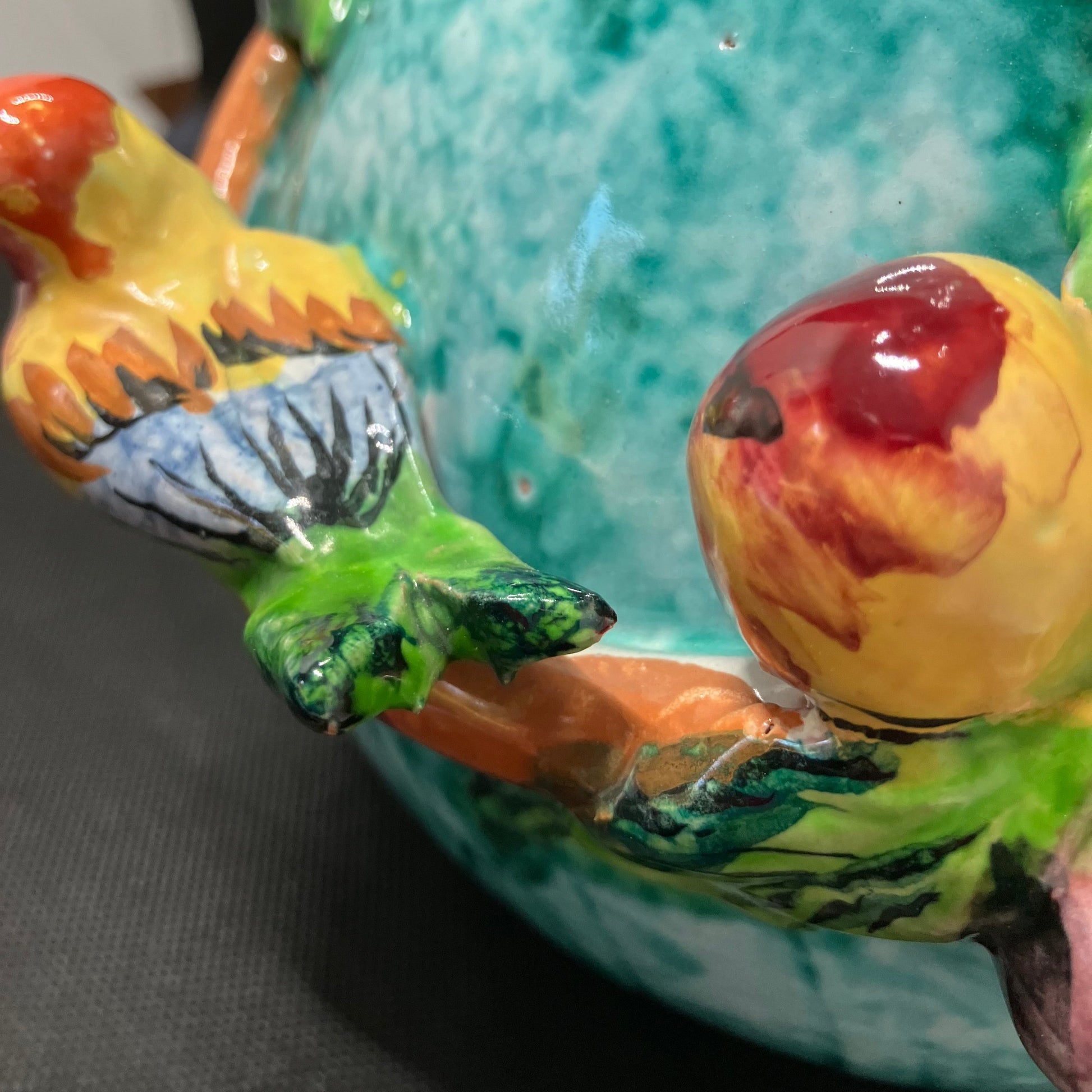 Majolica Vase with Bird and Berry Close Up