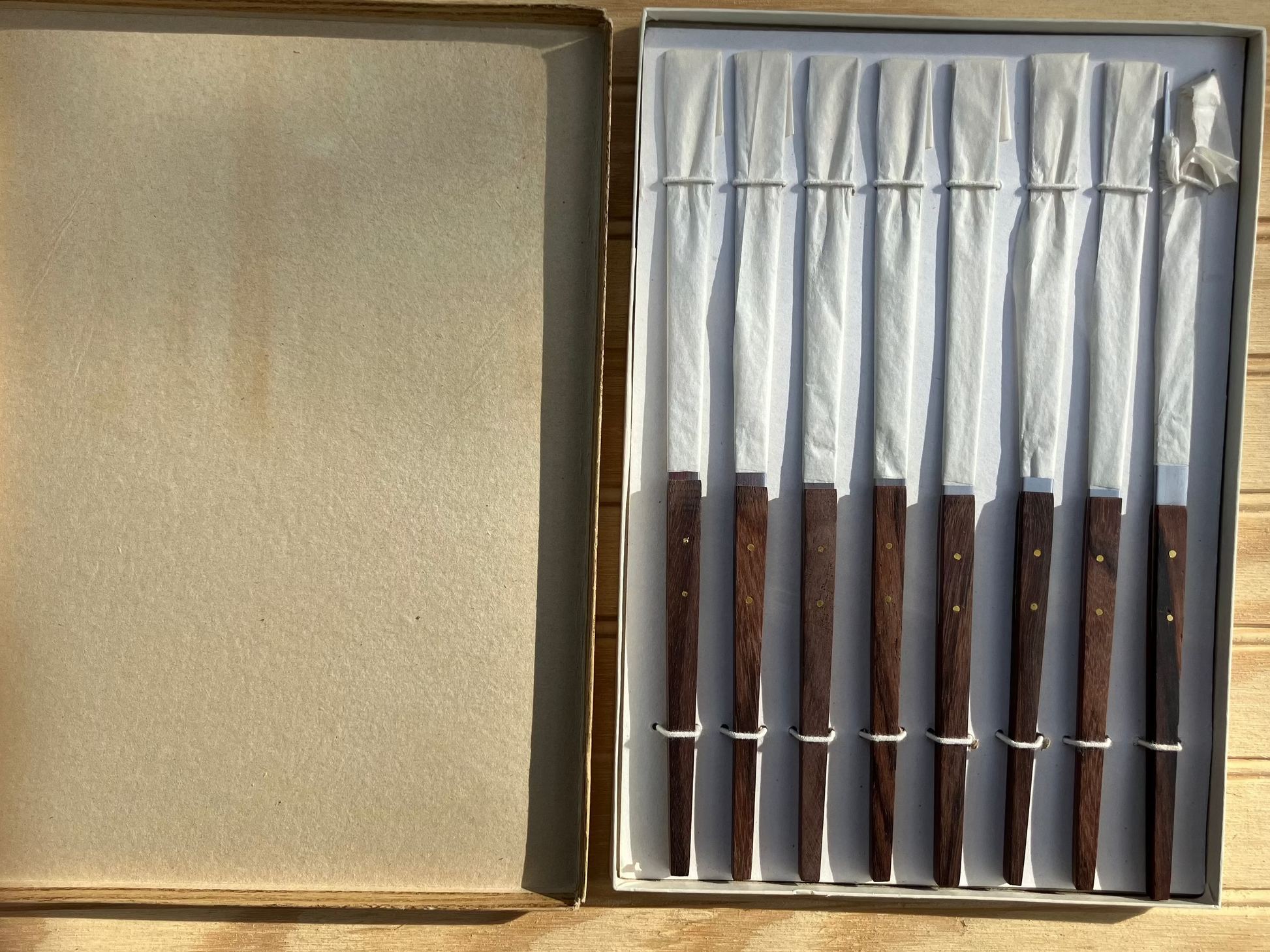 Mid Century Modern Retro fondue fork set with stainless steel and wood handles