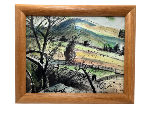 Mid Century Watercolor Original Landscape in Oak Frame