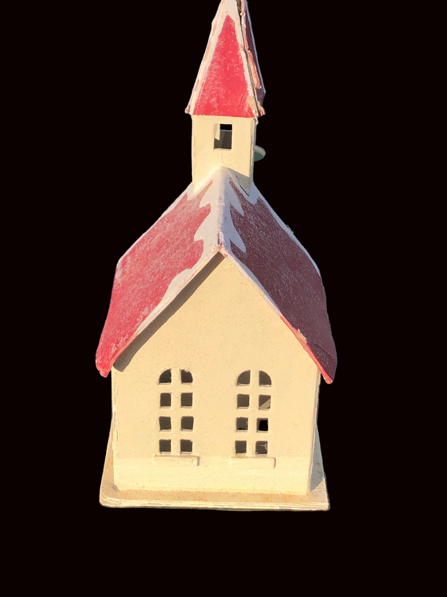 Mid Century retro cardboard church for Christmas decor with pine trees